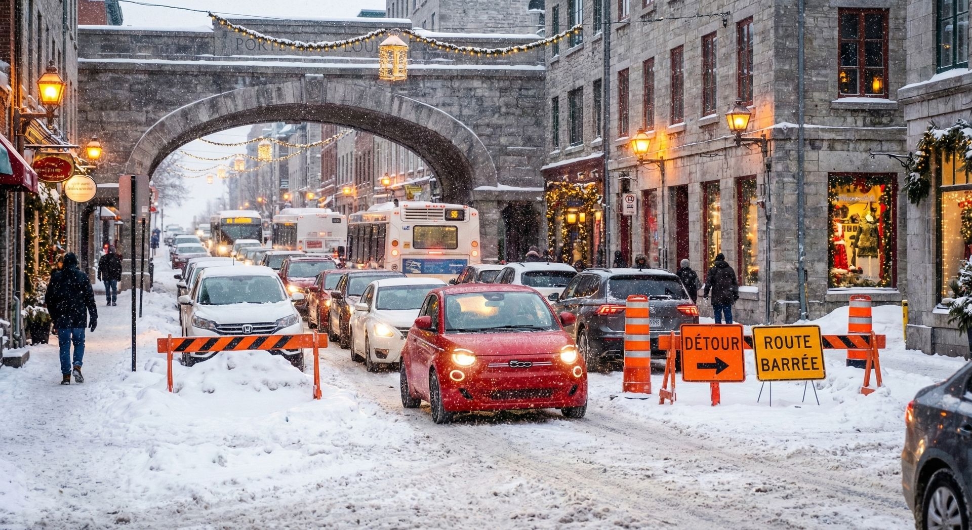 Fiat 500 circulant dans une rue enneigée du Vieux-Québec avec congestion, panneaux de détour et route barrée en raison de travaux hivernaux