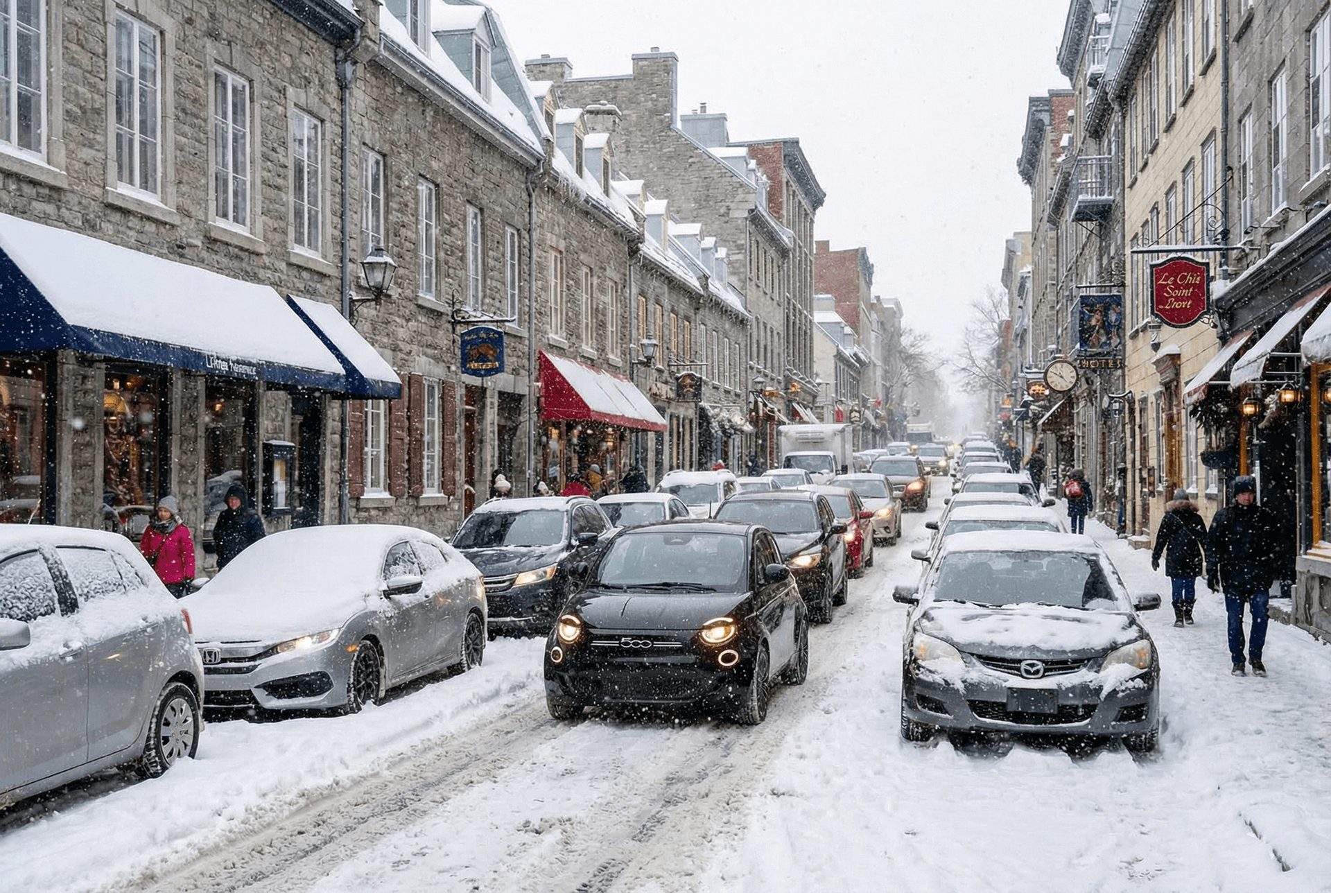 Circulation dense dans une rue enneigée du Vieux-Québec durant la période du marché de Noël, illustrant les défis de déplacement en voiture