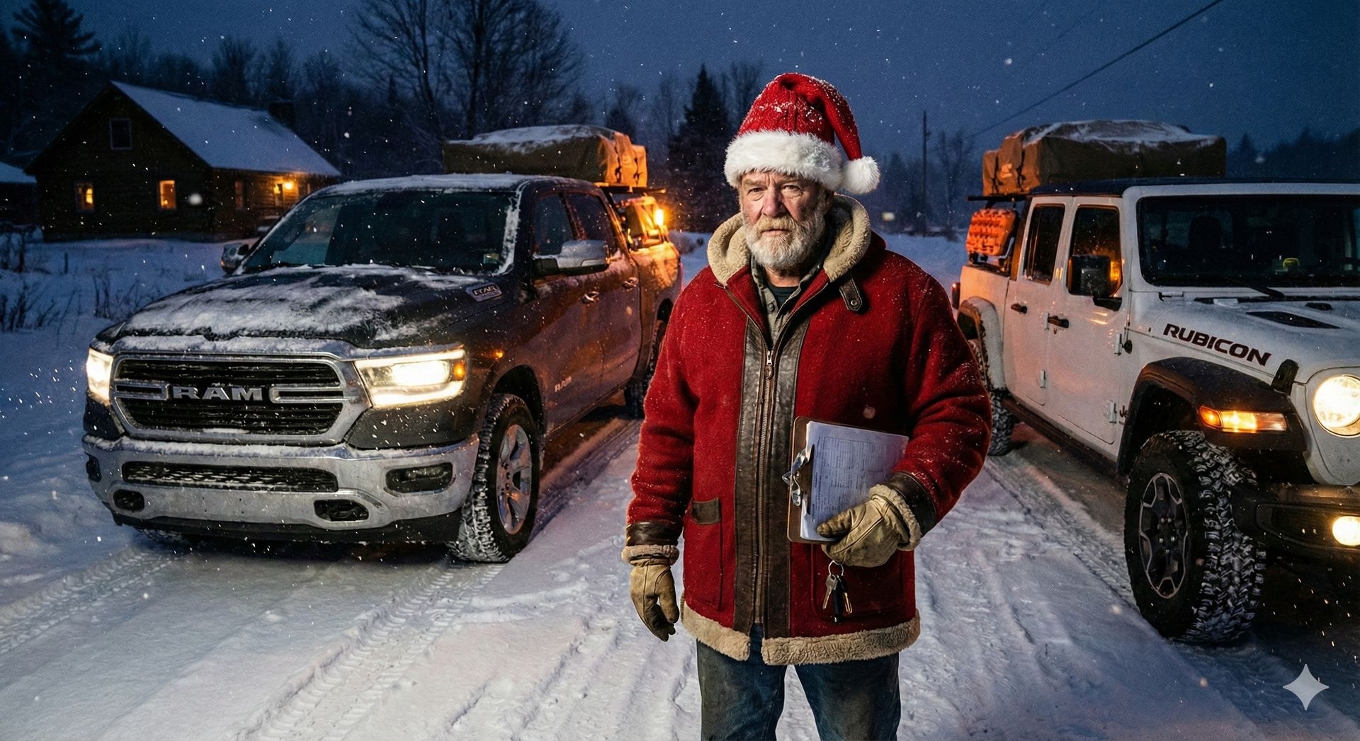 Le Père Noël supervise une mission de livraison hivernale avec des véhicules robustes sur des routes enneigées, prêt à affronter la nuit de Noël.