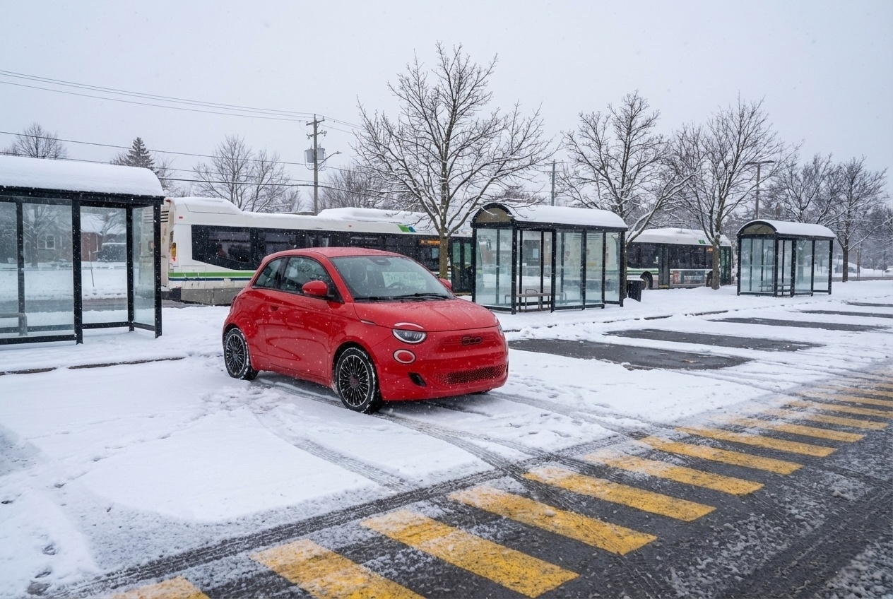 Fiat 500e rouge stationnée dans un Parc-O-Bus enneigé à Québec avec des abribus et un autobus en arrière-plan