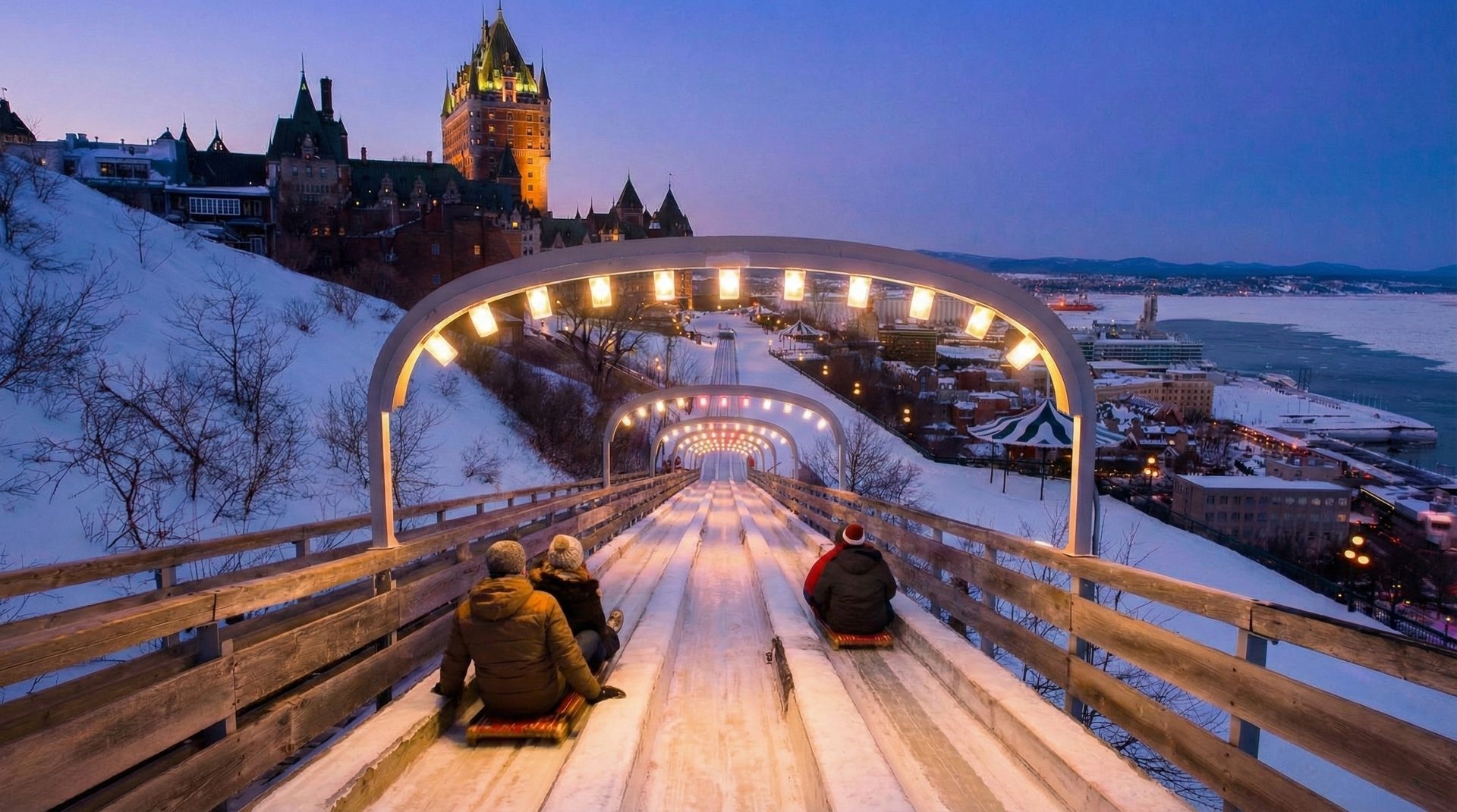 Personnes glissant sur la glissade de la terrasse Dufferin au crépuscule, avec le Château Frontenac et le fleuve Saint-Laurent en arrière-plan lors d’une soirée d’hiver à Québec