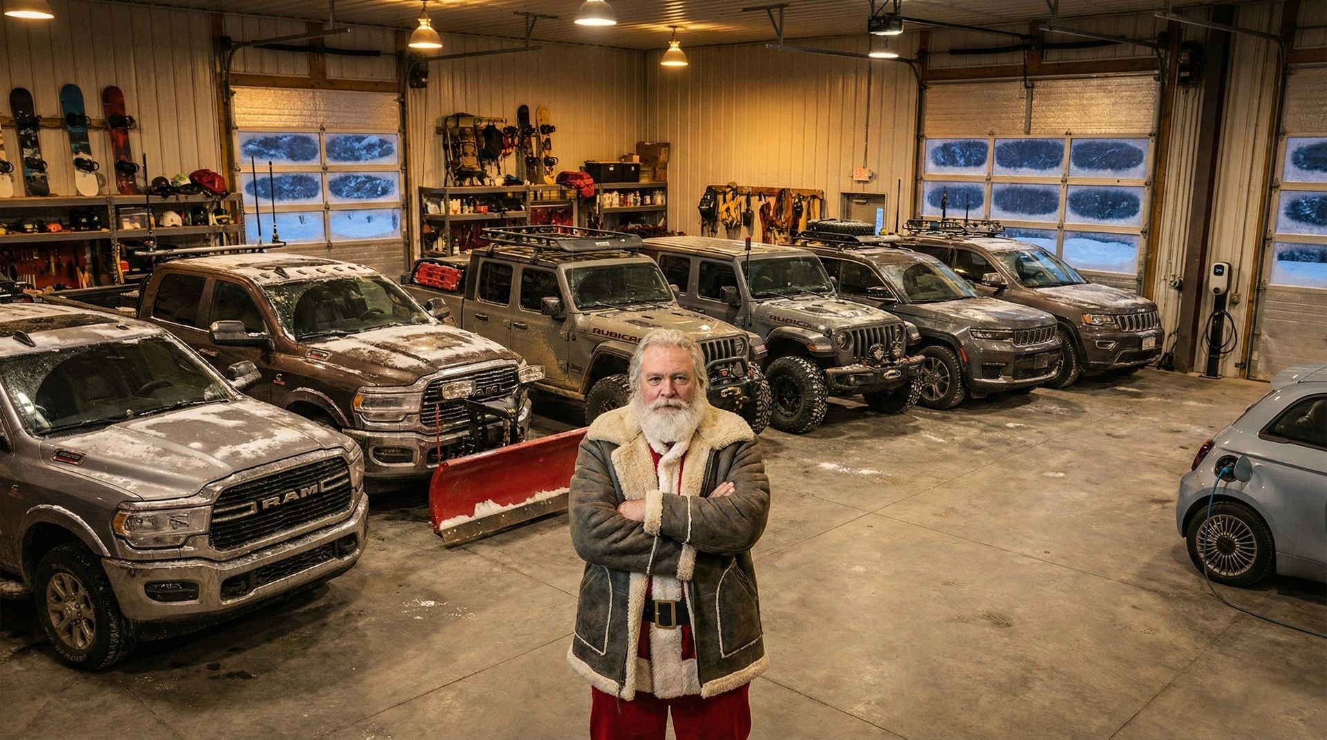 Le garage du Père Noël avec plusieurs véhicules Stellantis prêts pour affronter l’hiver et les missions de Noël