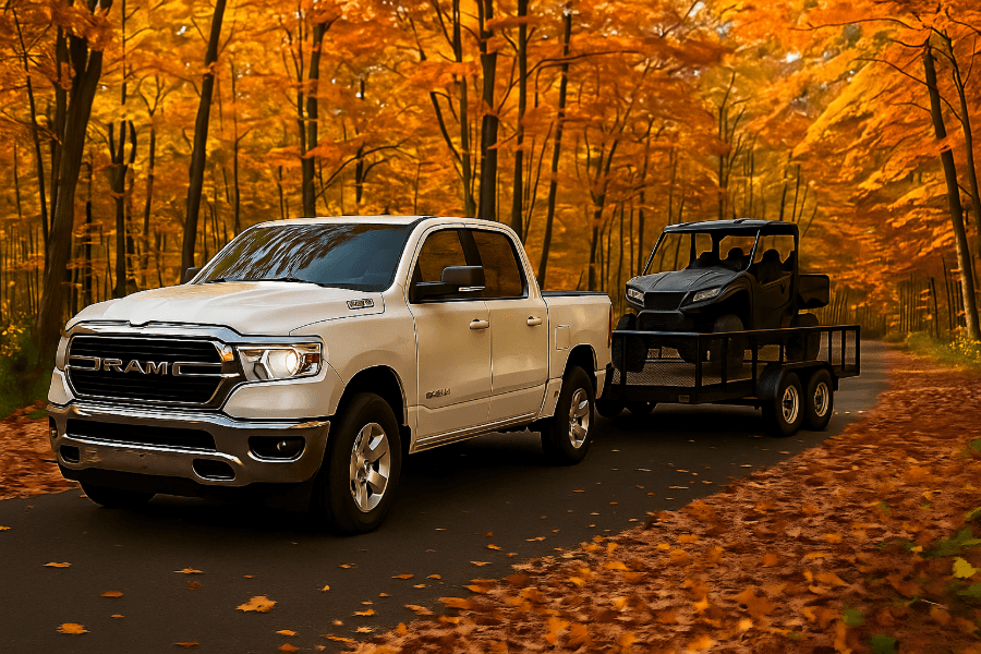 Un camion RAM blanc tirant une remorque avec un véhicule côte-à-côte (side-by-side) noir, conduisant sur une route de campagne bordée d'arbres aux couleurs d'automne