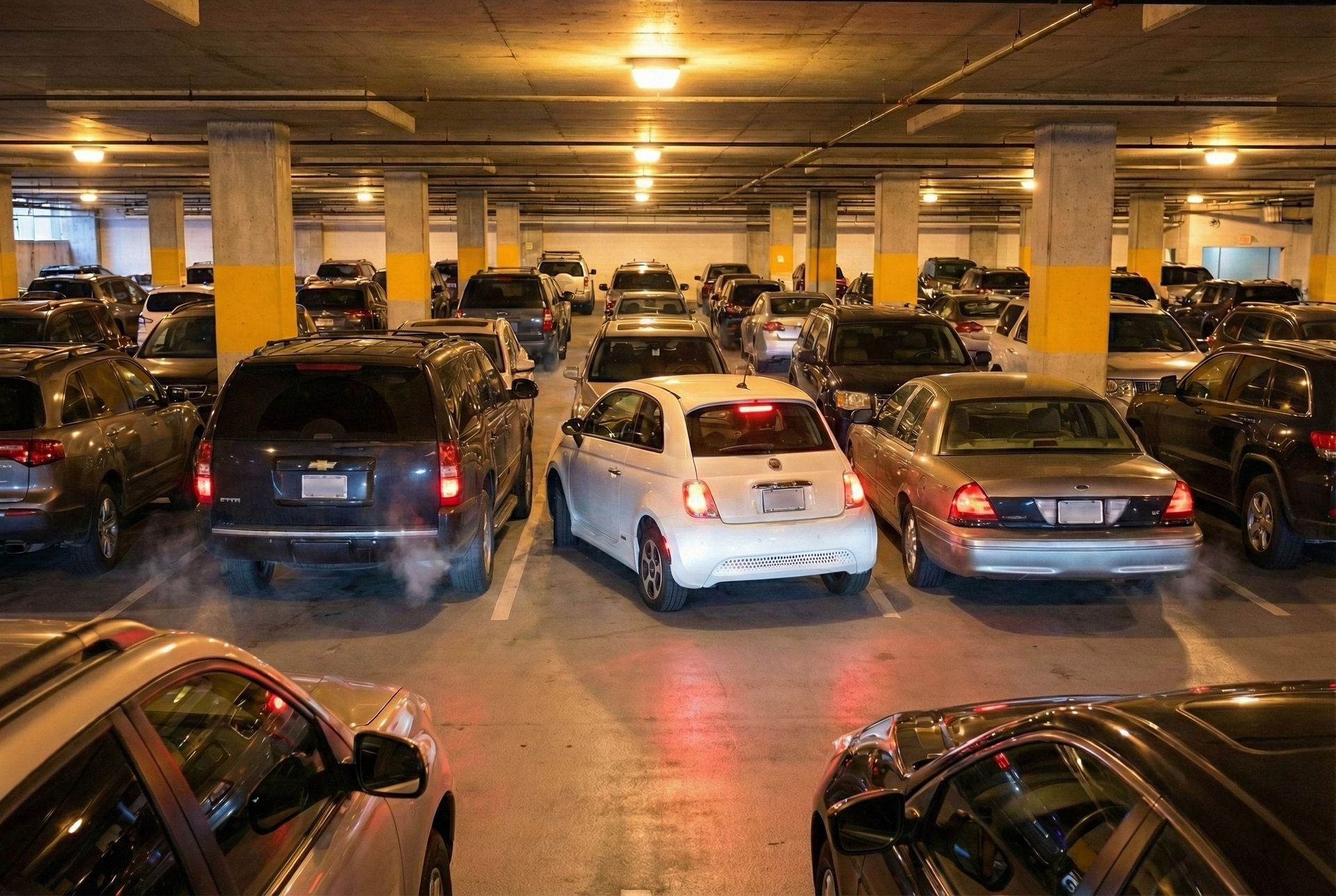 Fiat 500e se stationnant facilement dans un stationnement souterrain bondé, illustrant l’avantage d’un véhicule compact lors des visites au centre-ville de Québec