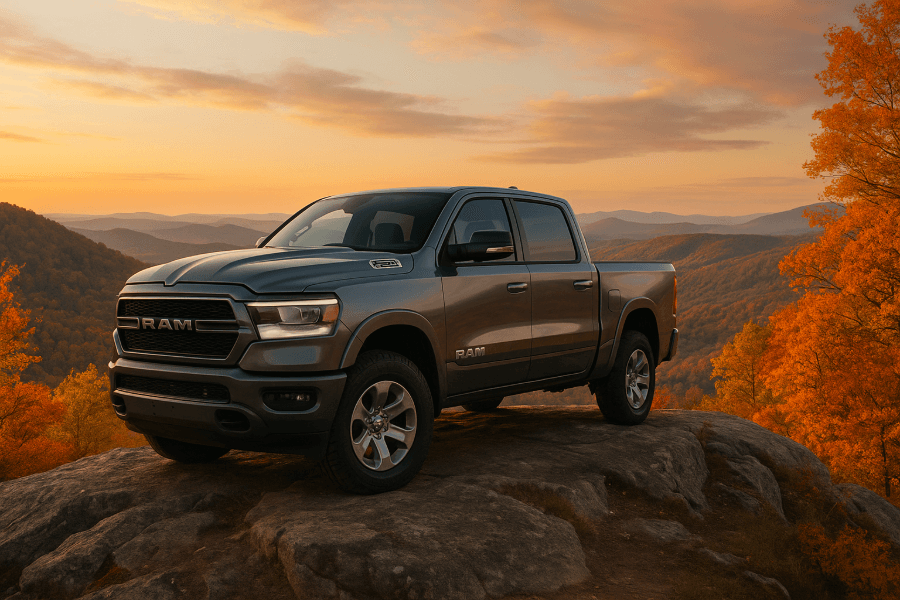Un camion Ram 1500 gris sur un sommet rocheux, surplombant un panorama de montagnes au coucher du soleil pendant l'automne