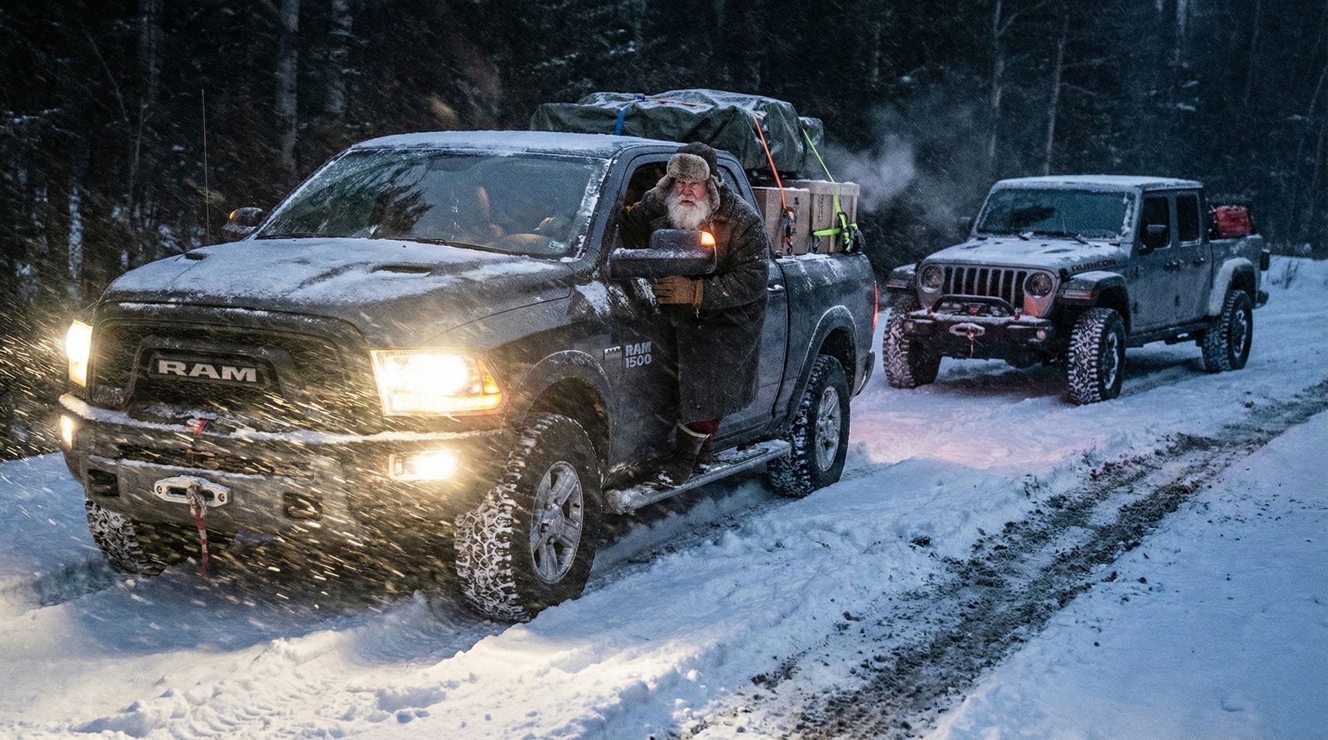 Le Père Noël affronte la nuit hivernale au volant de véhicules puissants, exécutant une logistique de Noël moderne sur routes enneigées