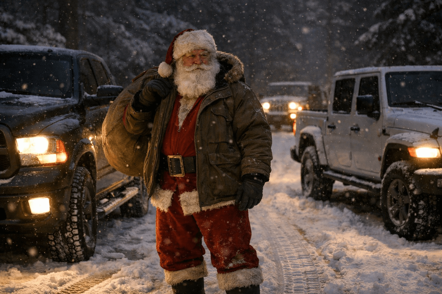 Le Père Noël exécute les missions de Noël dans des conditions hivernales avec des véhicules Stellantis adaptés aux terrains difficiles