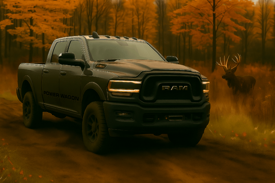 Un camion RAM 2500 Power Wagon foncé sur un sentier hors route dans une forêt d'automne, avec un cerf (chevreuil) visible en arrière-plan