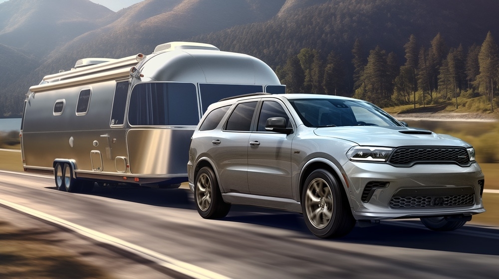 Dodge Durango 2025 argenté tractant une roulotte sur une route de campagne avec montagnes à l’arrière-plan.