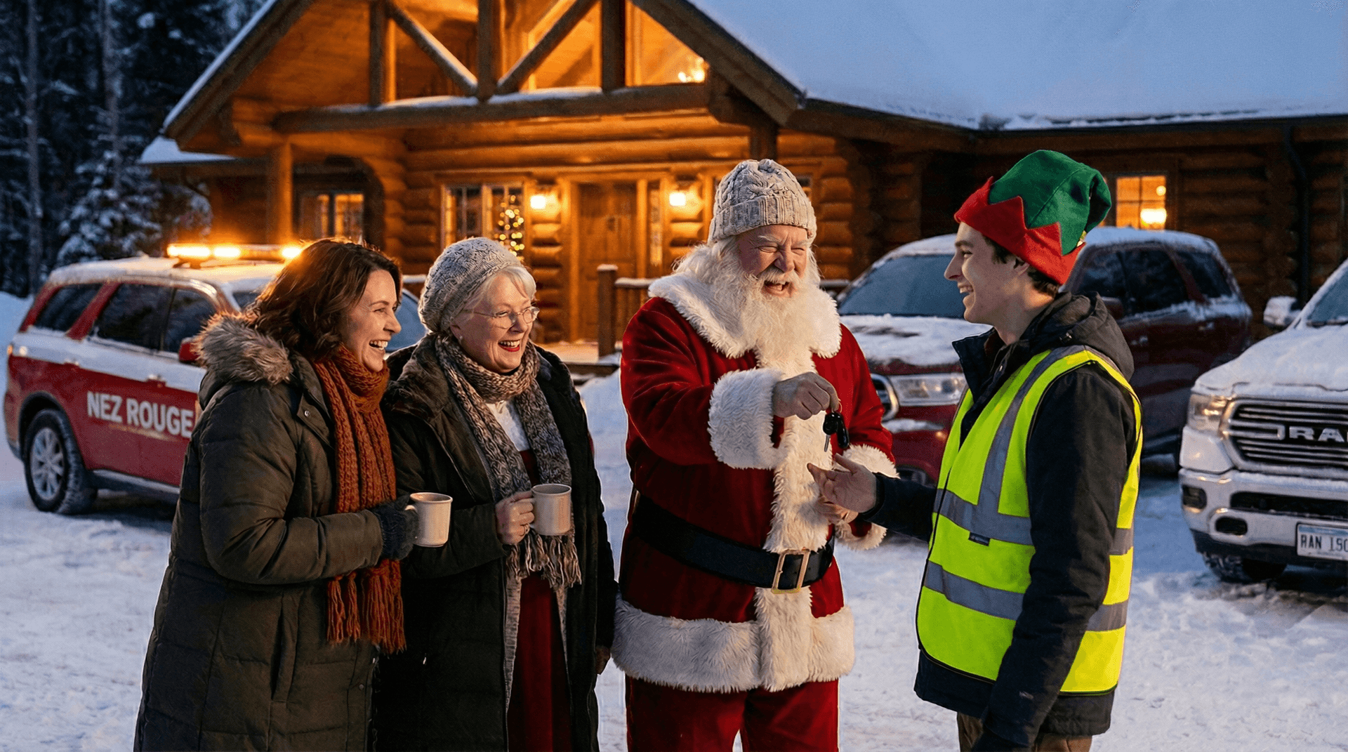 Le Père Noël remet les clés de son véhicule à un bénévole accompagnateur après une soirée hivernale entre amis
