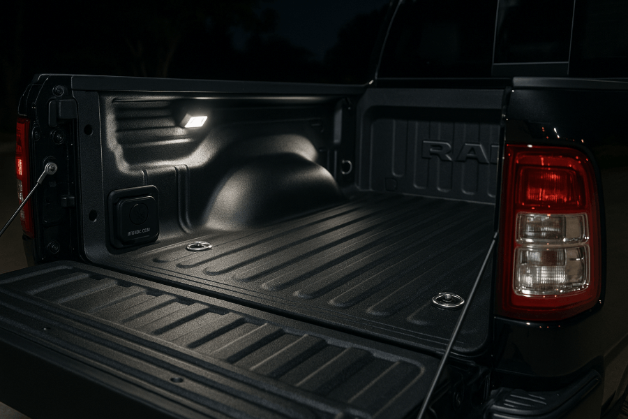 Gros plan de la caisse (benne) d'un camion Ram 1500 avec le hayon ouvert la nuit, mettant en évidence l'éclairage de caisse, la prise de courant 115V et les crochets d'arrimage